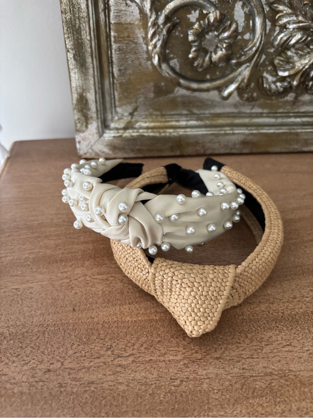 Pearl-Embellished Headband and Raffia Knotted Headband